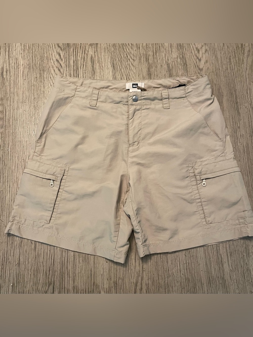 REI women’s cargo shorts, UPF 50+, khaki, size 8, like new.